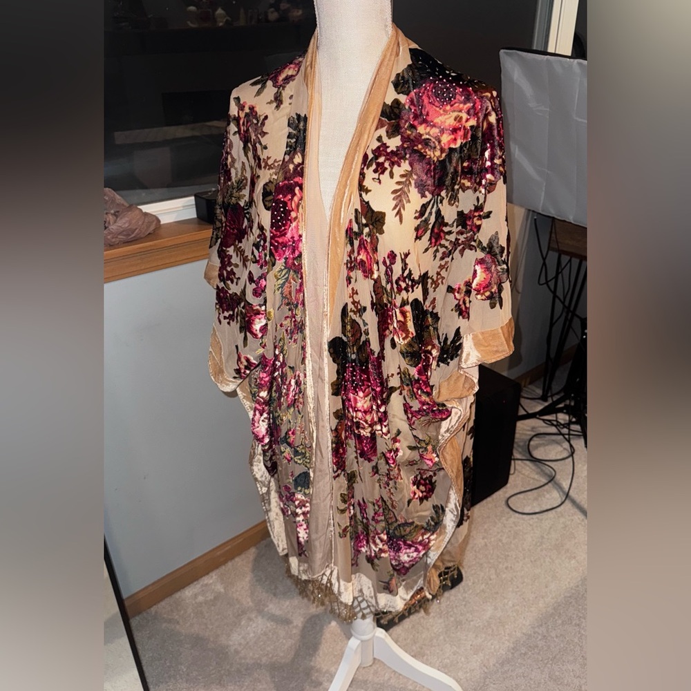 Bohemian floral velour tunic kimono with rich colors